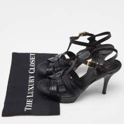 Pre Owned Saint Laurent Black Croc Embossed Leather Tribute Ankle Strap Sandals Size 37.5