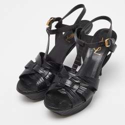 Pre Owned Saint Laurent Black Croc Embossed Leather Tribute Ankle Strap Sandals Size 37.5