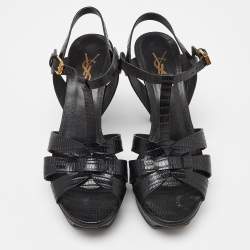 Pre Owned Saint Laurent Black Croc Embossed Leather Tribute Ankle Strap Sandals Size 37.5