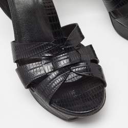 Pre Owned Saint Laurent Black Croc Embossed Leather Tribute Ankle Strap Sandals Size 37.5