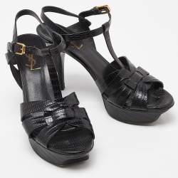 Pre Owned Saint Laurent Black Croc Embossed Leather Tribute Ankle Strap Sandals Size 37.5