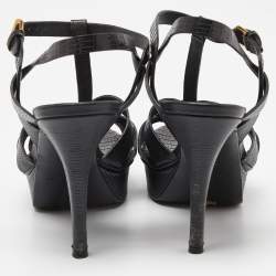 Pre Owned Saint Laurent Black Croc Embossed Leather Tribute Ankle Strap Sandals Size 37.5