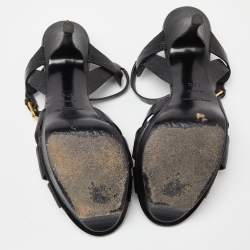 Pre Owned Saint Laurent Black Croc Embossed Leather Tribute Ankle Strap Sandals Size 37.5