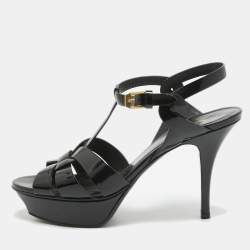 Pre Owned Saint Laurent Black Patent Tribute Sandals Size 38