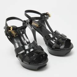 Pre Owned Saint Laurent Black Patent Tribute Sandals Size 38