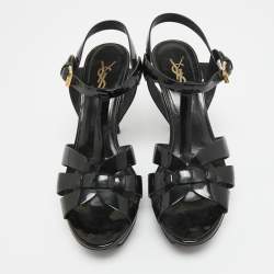 Pre Owned Saint Laurent Black Patent Tribute Sandals Size 38