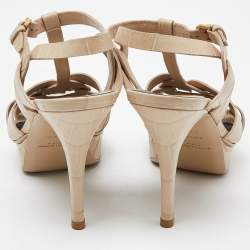 Pre Owned Yves Saint Laurent Beige Croc Embossed Leather Tribute Ankle Strap Sandals Size 37.5