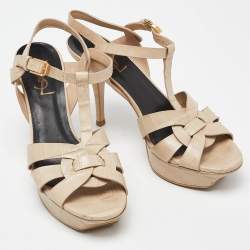 Pre Owned Yves Saint Laurent Beige Croc Embossed Leather Tribute Ankle Strap Sandals Size 37.5