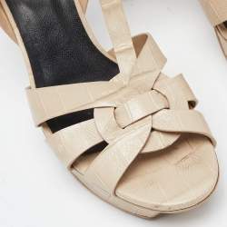 Pre Owned Yves Saint Laurent Beige Croc Embossed Leather Tribute Ankle Strap Sandals Size 37.5