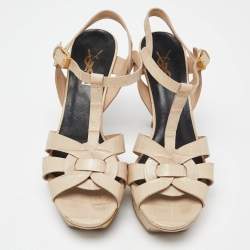 Pre Owned Yves Saint Laurent Beige Croc Embossed Leather Tribute Ankle Strap Sandals Size 37.5