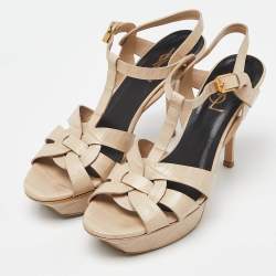 Pre Owned Yves Saint Laurent Beige Croc Embossed Leather Tribute Ankle Strap Sandals Size 37.5