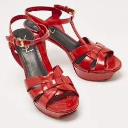 Pre Owned Saint Laurent Red Patent Leather Tribute Sandals Size 38