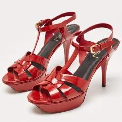 Pre Owned Saint Laurent Red Patent Leather Tribute Sandals Size 38