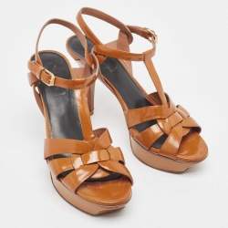 Saint Laurent Brown Patent Leather Tribute Sandals Size 38