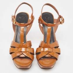 Saint Laurent Brown Patent Leather Tribute Sandals Size 38
