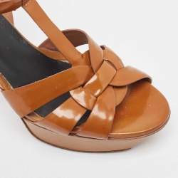 Saint Laurent Brown Patent Leather Tribute Sandals Size 38
