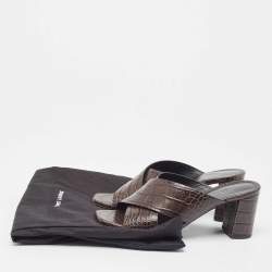 Pre Owned Saint Laurent Brown Croc Embossed Leather Loulou Slide Sandals Size 36
