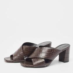 Pre Owned Saint Laurent Brown Croc Embossed Leather Loulou Slide Sandals Size 36