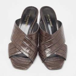 Pre Owned Saint Laurent Brown Croc Embossed Leather Loulou Slide Sandals Size 36