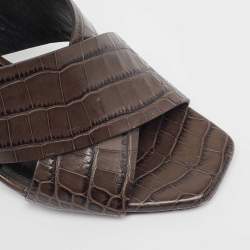Pre Owned Saint Laurent Brown Croc Embossed Leather Loulou Slide Sandals Size 36