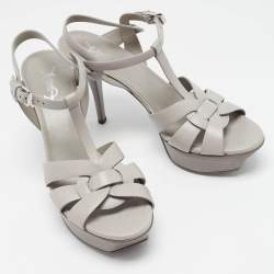 مملوكة مسبقًا Saint Laurent Grey Leather Tribute Platform Sandals Size 38.5