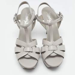 مملوكة مسبقًا Saint Laurent Grey Leather Tribute Platform Sandals Size 38.5