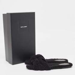 Pre Owned Saint Laurent Black Fur Tribute Flat Slides Size 39  