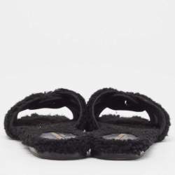 Pre Owned Saint Laurent Black Fur Tribute Flat Slides Size 39  