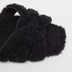 Pre Owned Saint Laurent Black Fur Tribute Flat Slides Size 39  
