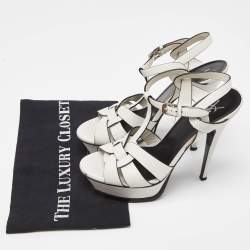 مملوكة مسبقًا Saint Laurent White Leather Tribute Ankle Strap Sandals Size 37
