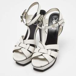 مملوكة مسبقًا Saint Laurent White Leather Tribute Ankle Strap Sandals Size 37