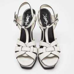 مملوكة مسبقًا Saint Laurent White Leather Tribute Ankle Strap Sandals Size 37