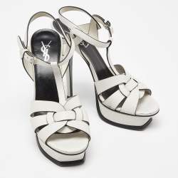 مملوكة مسبقًا Saint Laurent White Leather Tribute Ankle Strap Sandals Size 37