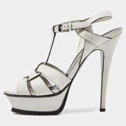 مملوكة مسبقًا Saint Laurent White Leather Tribute Ankle Strap Sandals Size 37