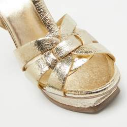 Pre Owned Saint Laurent Gold Textured Leather Tribute Sandals Size 38