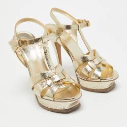 Pre Owned Saint Laurent Gold Textured Leather Tribute Sandals Size 38