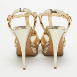 Pre Owned Saint Laurent Gold Textured Leather Tribute Sandals Size 38