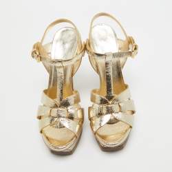 Pre Owned Saint Laurent Gold Textured Leather Tribute Sandals Size 38