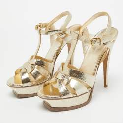 Pre Owned Saint Laurent Gold Textured Leather Tribute Sandals Size 38
