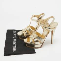 Pre Owned Saint Laurent Gold Textured Leather Tribute Sandals Size 38