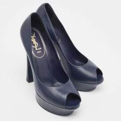 Saint Laurent Navy Blue Leather Palais Peep Toe Pumps Size 38.5