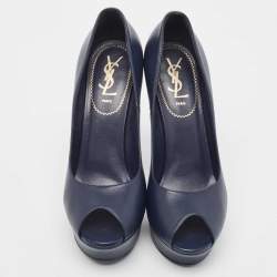 Saint Laurent Navy Blue Leather Palais Peep Toe Pumps Size 38.5