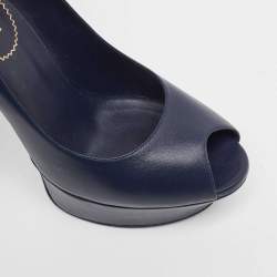 Saint Laurent Navy Blue Leather Palais Peep Toe Pumps Size 38.5