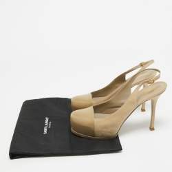 Saint Laurent Beige Suede and Leather Tribtoo Slingback Pumps Size 38.5