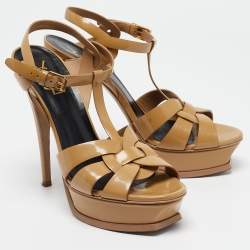 مملوكة مسبقًا Saint Laurent Beige Patent Leather Tribute Sandals Size 39