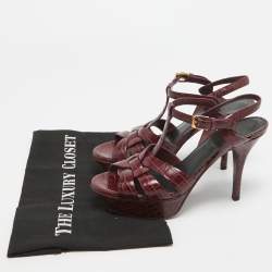 مملوكة مسبقًا Saint Laurent  Burgundy Croc Embossed Leather Tribute  Sandals Size 36