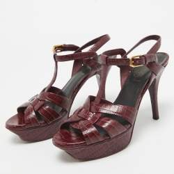مملوكة مسبقًا Saint Laurent  Burgundy Croc Embossed Leather Tribute  Sandals Size 36