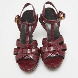مملوكة مسبقًا Saint Laurent  Burgundy Croc Embossed Leather Tribute  Sandals Size 36
