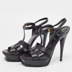 Pre Owned Saint Laurent Black Embossed Lizard Tribute Sandals Size 39