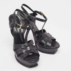 Pre Owned Saint Laurent Black Embossed Lizard Tribute Sandals Size 39